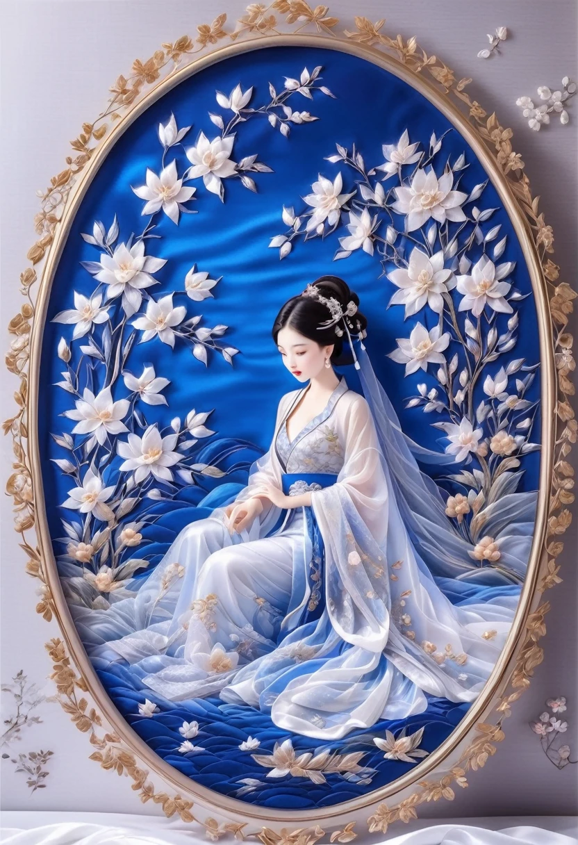 embroidery,Three-dimensional embroidery,(A picture of blue ornate Suzhou embroidery hangs on the wall),blue-white petals, Silk material embroidery, Inspired by Yao Jianping’s dream of Su embroidery works,translucent,abundant cleavage,painting on silk, alcohol ink art