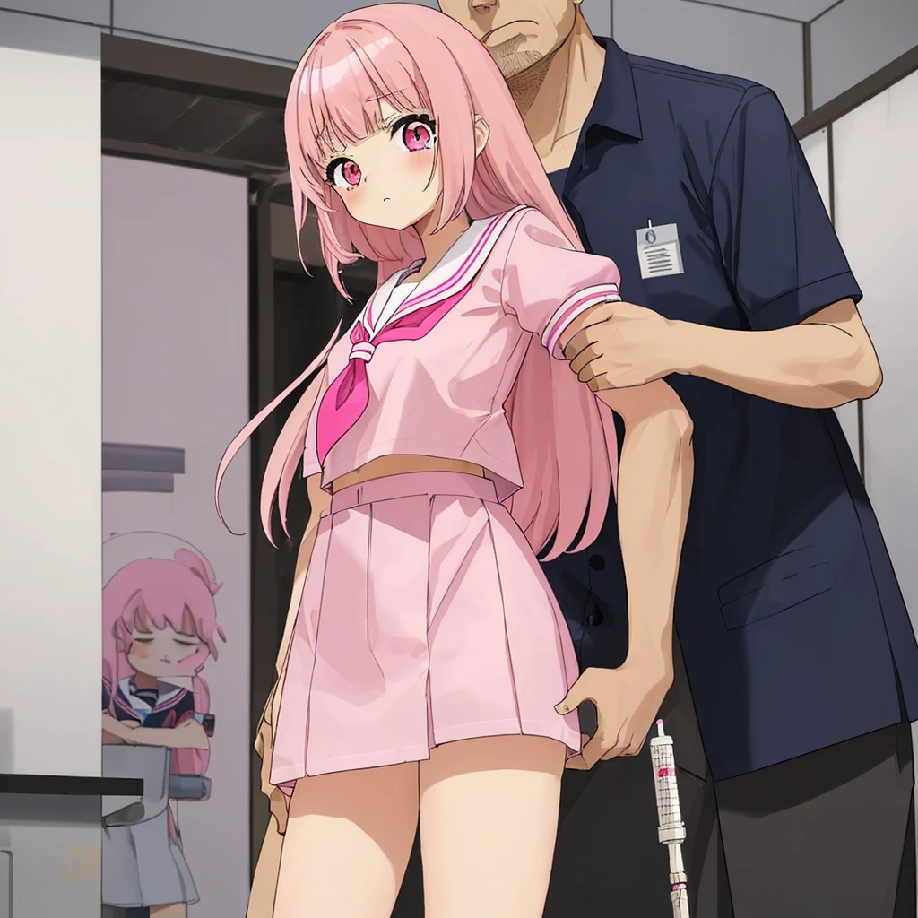 A pink-haired high school girl in a sailor uniform receives a vaccination、A man grabs your arm、Take the syringe and stick it into your upper arm.。.