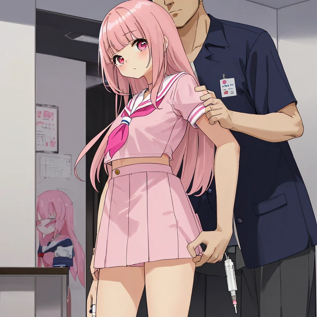A pink-haired high school girl in a sailor uniform receives a vaccination、A man grabs your arm、Take the syringe and stick it into your upper arm.。.