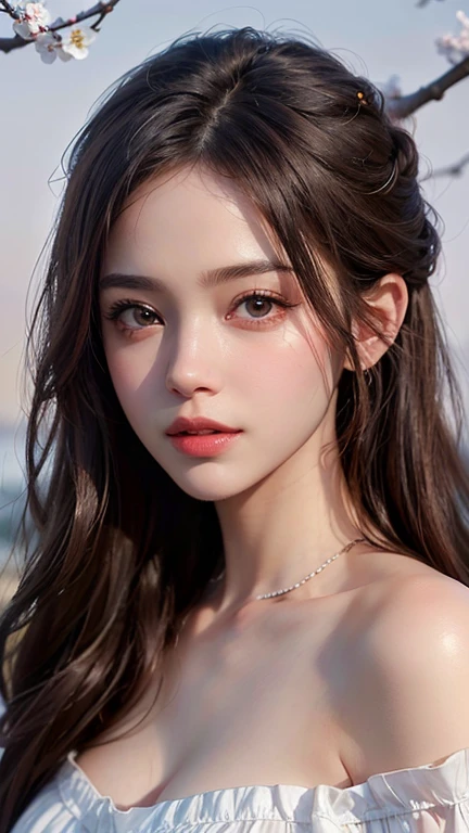 One girl, (Ultra-realistic), (Highly detailed eyes, Highly detailed hair, Highly detailed face, Very detailed full lips), (Off the shoulder), chest, Looking for a Smile, (Highest quality:1.4), RAW Photos, (Ultra-realistic), (Photorealistic:1.4), Professional photography, Cinematic Light, Depth of written boundary, Cherry tree in full bloom, Cherry tree, Clear sky,