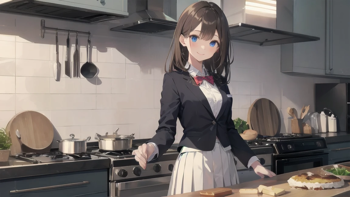 In one girl、fun、High school blazer with popular design、white shirt、pleated skirt、white skirt、(small breasts, brown hair,school ,blue eyes, de pie, smiling, lazo color rojo, clase de cocina, cocinando
