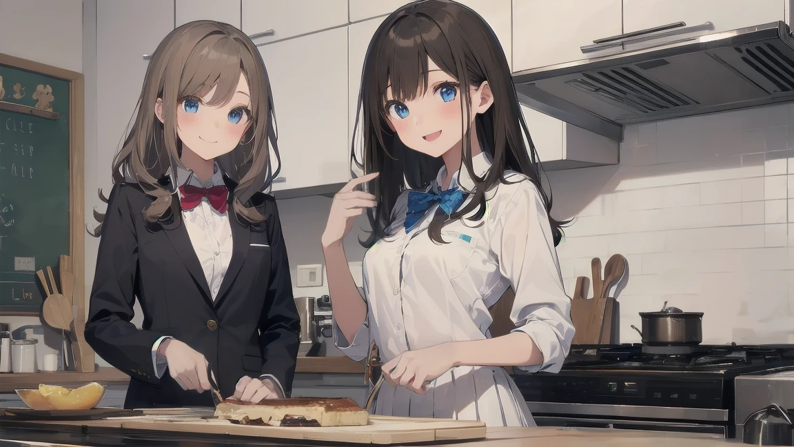 In one girl、fun、High school blazer with popular design、white shirt、pleated skirt、white skirt、（small breasts, brown hair,school ,blue eyes, de pie, smiling, lazo color rojo, clase de cocina, cocinando