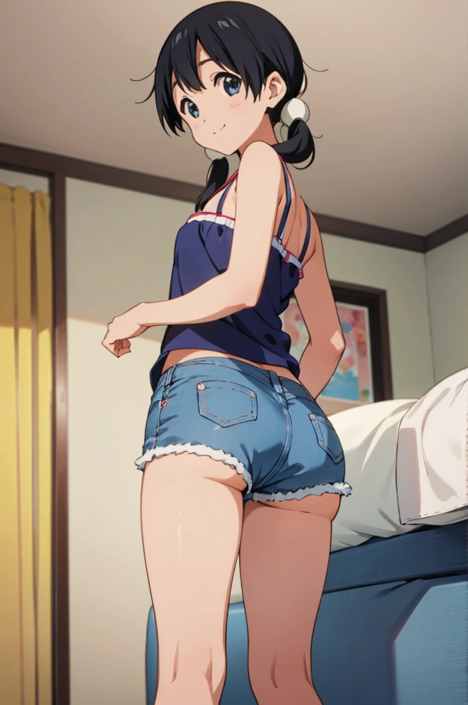 solo, 1girl, tamako kitashirakawa, , looking at viewer, smile, ,,my room,socks,camisole,denim shorts,(((ass)))