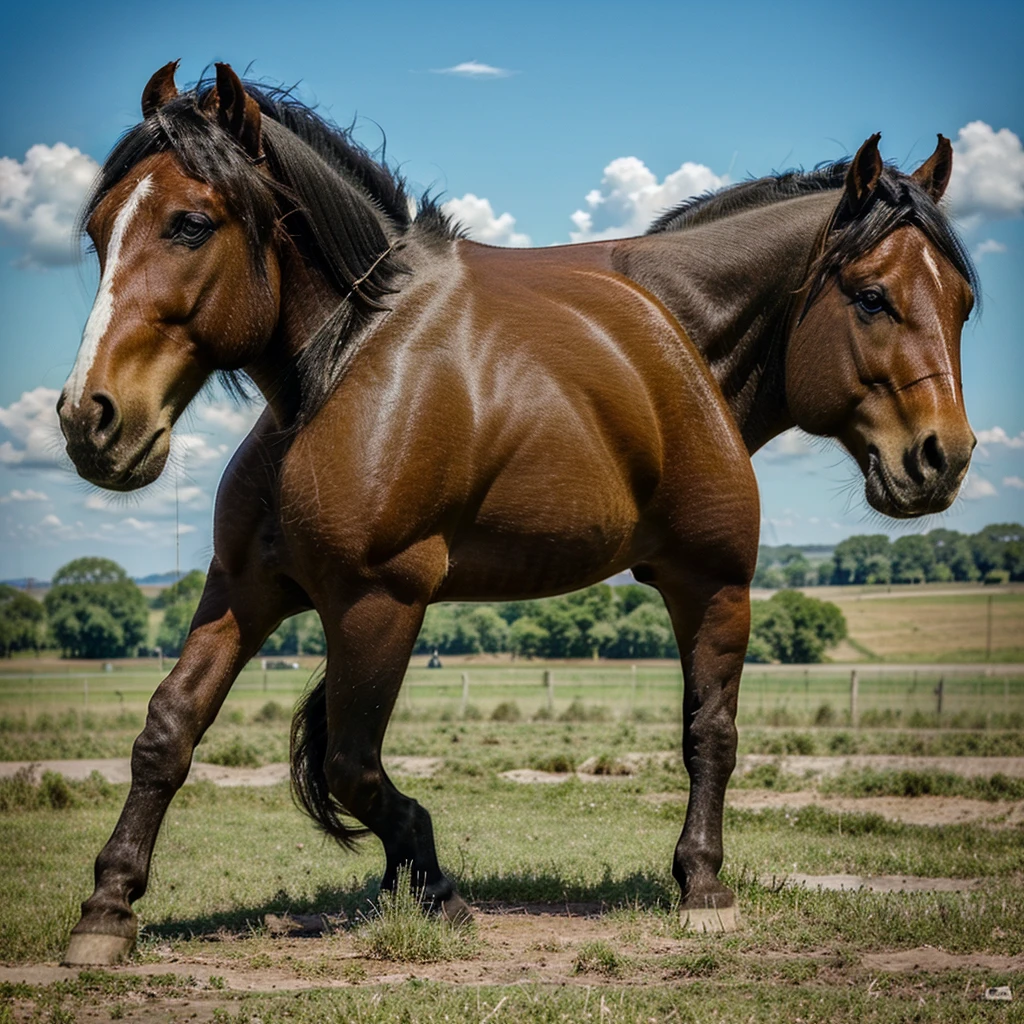 big  Belgian draft horse  mare (side view). big bum. very short tail. horse facing horizon .   flat grass meadow. steaming horse dung behind horse.   cloudless blue sky.  full figured African woman riding horse.