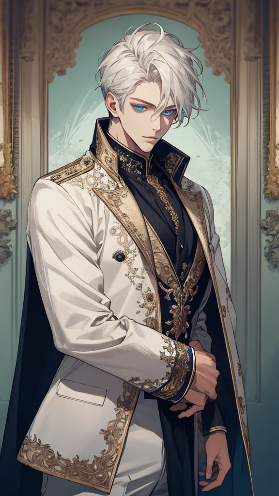 (extreamly delicate and handsome:1.2), 8K,(шедевр:1.0),(best_quality:1.0), 1boy, and intricate detailing, Enlarged textures, and intricate detailing, finely eye and detailed face, and intricate detailing, white outfit, ruinscape background, (closed mouths),long white hair, Perfect eyes, blue sea eyes, Equal eyes, (A male god)