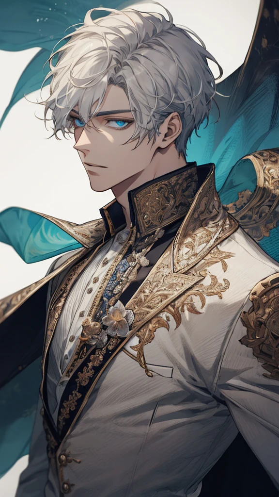 (extreamly delicate and handsome:1.2), 8K,(шедевр:1.0),(best_quality:1.0), 1boy, and intricate detailing, Enlarged textures, and intricate detailing, finely eye and detailed face, and intricate detailing, white outfit, ruinscape background, (closed mouths),long white hair, Perfect eyes, blue sea eyes, Equal eyes, (A male god)