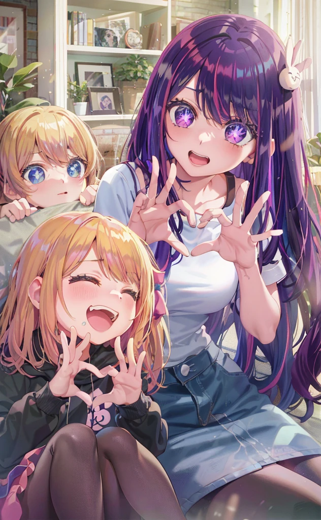 anime girl with purple hair and two other girls sitting on bed, holo live, visual novels cg, edgy anime style, cute realistic portrait, visual novel key visual, ; visual novel, of course, smooth anime cg art, dlc, edgestyle, visual novel, splash art anime loli, anime moe art style, anime! 4K