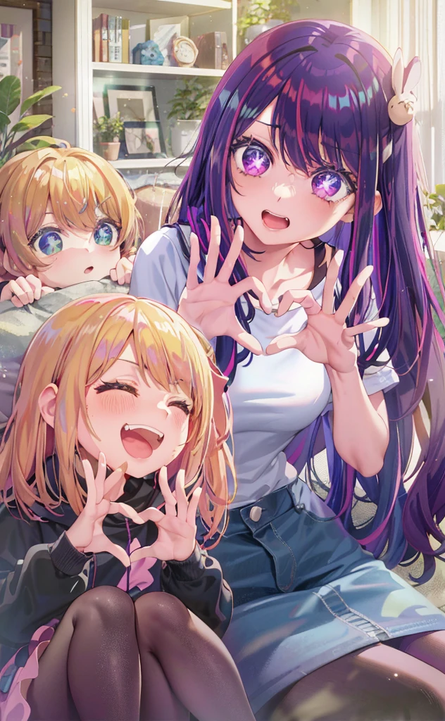 anime girl with purple hair and two other girls sitting on bed, holo live, visual novels cg, edgy anime style, cute realistic portrait, visual novel key visual, ; visual novel, of course, smooth anime cg art, dlc, edgestyle, visual novel, splash art anime loli, anime moe art style, anime! 4K
