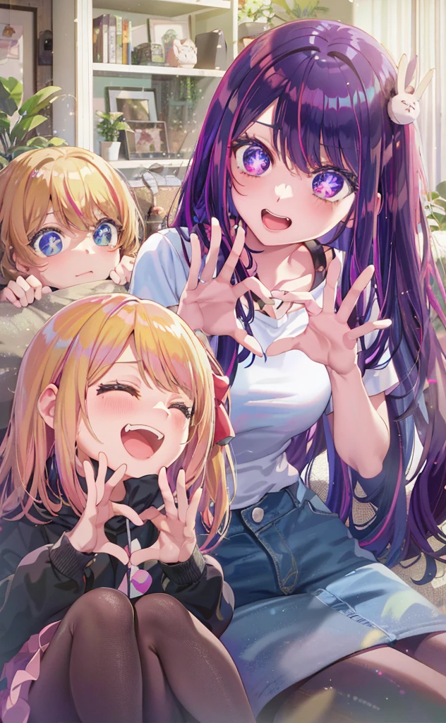 anime girl with purple hair and two other girls sitting on bed, holo live, visual novels cg, edgy anime style, cute realistic portrait, visual novel key visual, ; visual novel, of course, smooth anime cg art, dlc, edgestyle, visual novel, splash art anime loli, anime moe art style, anime! 4K