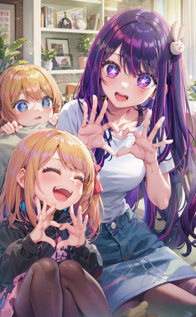 anime girl with purple hair and two other girls sitting on bed, holo live, visual novels cg, edgy anime style, cute realistic portrait, visual novel key visual, ; visual novel, of course, smooth anime cg art, dlc, edgestyle, visual novel, splash art anime loli, anime moe art style, anime! 4K