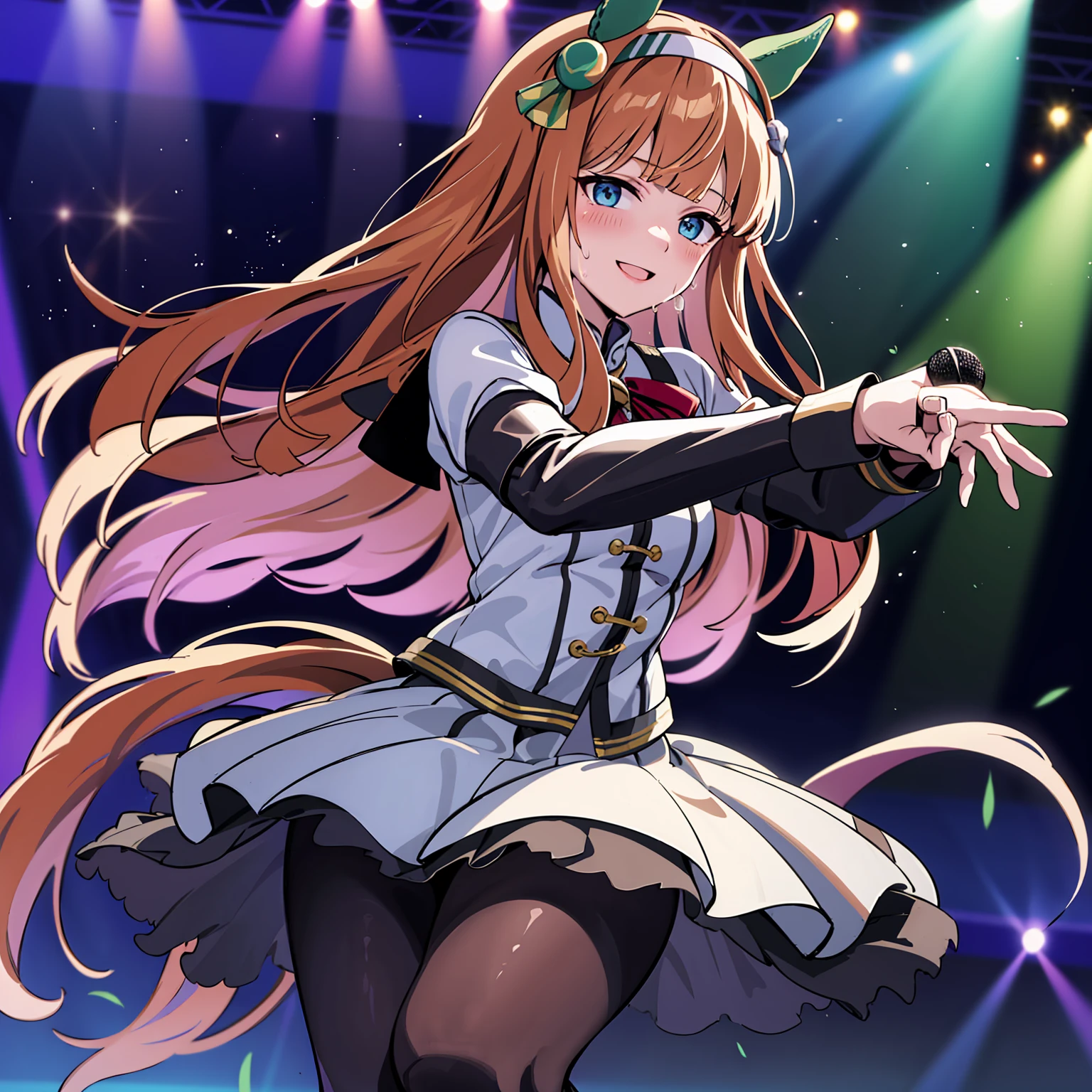 Holding a microphone in one hand、One hand is raised high、singing、A big smile、shout、intense dance、dance、足を上げてdance、Best image quality、High resolution、masterpiece、super high quality、Live Performance Venues、Large crowd、Many penlights、Sweaty、Very short pleated skirt、Heavy breathing、Blushing、4K quality、Black Pantyhose、Voluptuous thighs
