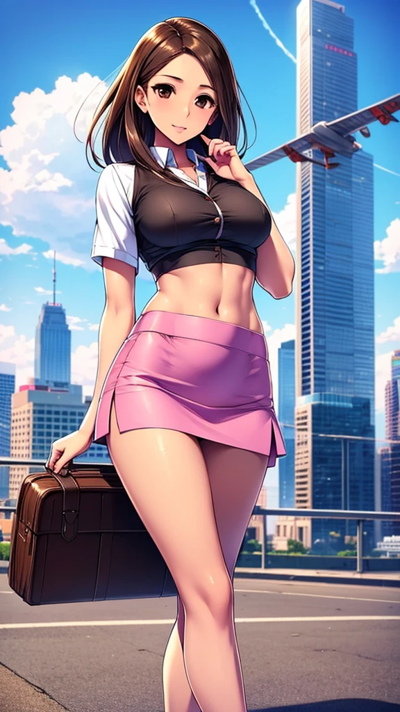 A girl with light skin, sexy, cute, leaders, long brown hair, her brown eye, wears a pink button-down blouse, shows her navel, and a short blue skirt, black shoe, and she travels, flying, sky, city background.