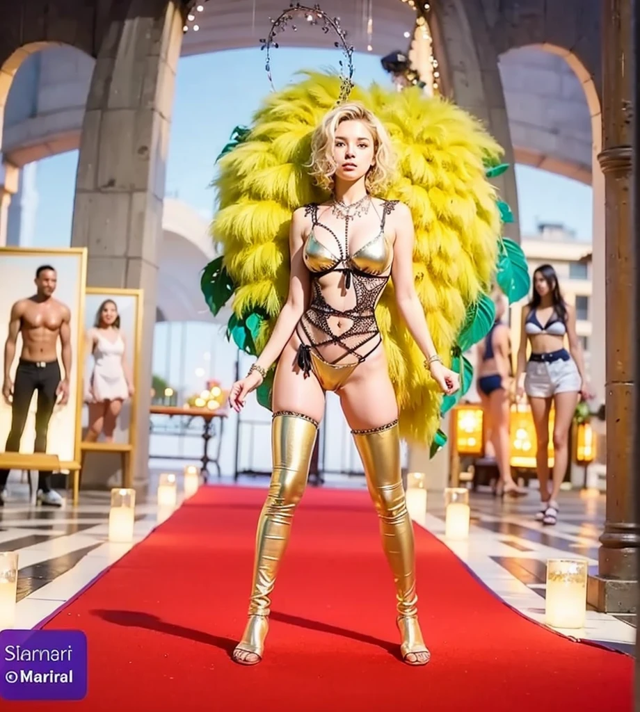 Cute 18 year old girl, Carnival Bikini Woman suit, short curly hair, blonde hair, beautiful face, rain, roof, masterpiece, exquisite details, perfect anatomy, fighting stance Realistic