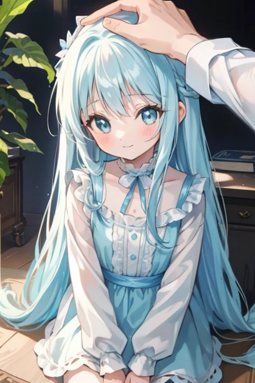 masterpiece, best quality, extremely detailed, (illustration, official art:1.1), 1 girl ,(((( light blue long hair)))), ,(((( light blue long hair)))),light blue hair, , long hair ((blush)) , cute face, big eyes, masterpiece, best quality,(((((a very delicate and beautiful girl))))),Amazing,beautiful detailed eyes,blunt bangs((((little delicate girl)))),tareme(true beautiful:1.2), sense of depth,dynamic angle,,,, affectionate smile, (true beautiful:1.2),,(tiny 1girl model:1.2),)(flat chest), 1girl, (masterpiece, best quality, ultra detailed, 4K:1.5), ultra-detailed background, 1 girl, 1 man, from above, focus upper body, (((headpat))), BREAK
kleedef, kleernd, cute face, smile, 6 years old, pointed ears, very happy, sitting, studying at a desk, BREAK
in the library