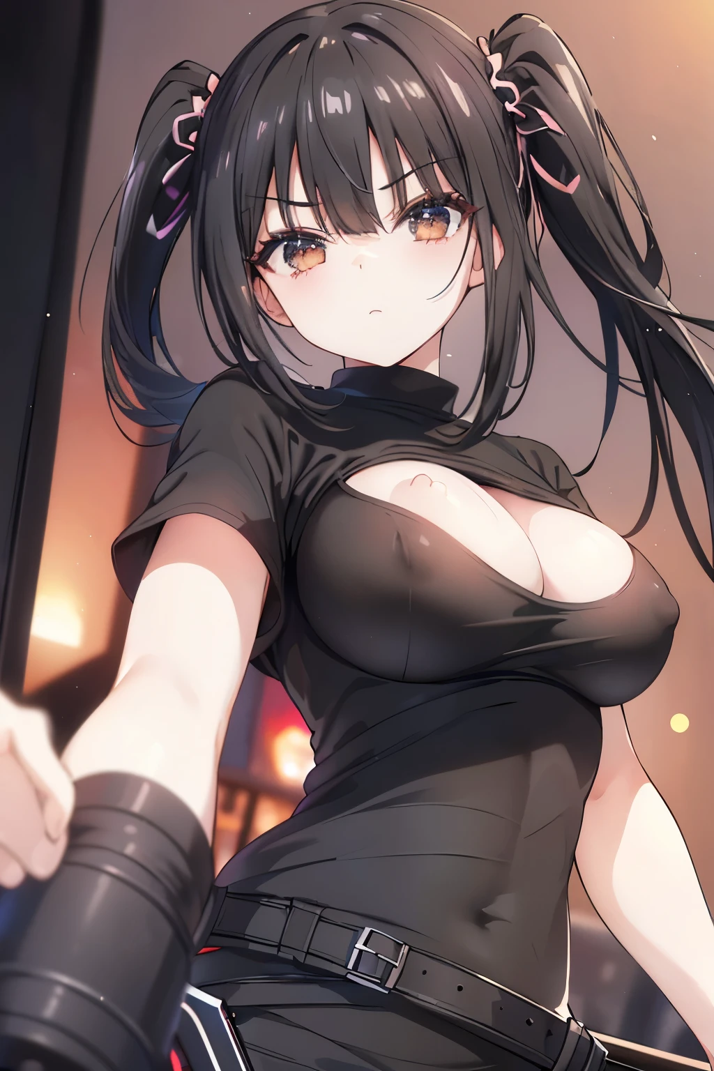 Optimal，masterpiece，High resolution，Highest quality，(Cowboy Shot)、Cute face，Black Hair、Long Hair、Twin tails、((Shoot from below:1.5)), ((Tight black t-shirt:1.5)). ((Beautiful nipples))、((Big Breasts:1.5)), 