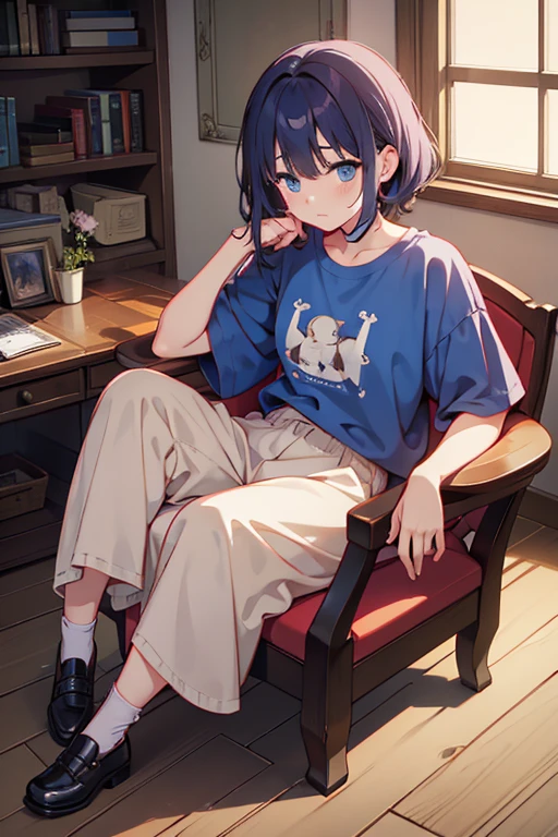 Women、The first half of the twenties、Downer、Hunchback、Sloppy clothing、Wearing a baggy T-shirt、Poor body、Looking tired、Laziness、Sitting in a chair、