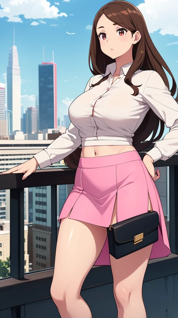 A girl with light skin, sexy, cute, leaders, long brown hair, her brown eye, wears a pink button-down blouse, shows her navel, and a short blue skirt, black shoe, and she travels, flying, sky, city background.