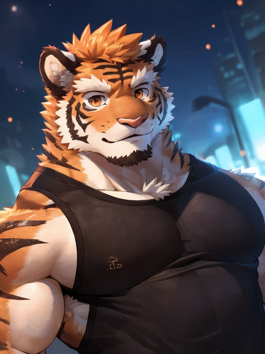 human nature, Wildlife, male,18 years old, solitary, ((Round Face, The face is plump,Orange eyes,Thick orange hair,With scars)), ((Endomorph, Handsome,Hot Blood)), (Sportswear,Clothes Damaged), ((domestic tiger, tiger,) Fluffy fur, Fluffy), Bokeh, (high quality, high resolution, masterpiece), (Dynamic Lighting, Vibrant colors), (Revitalize,Injuried,Disdain), Full body picture (close up), cartoon, author:Takemoto Arashi, From zixiong, By Chunni, author:Empty Ghost,(background:Snowy cities)