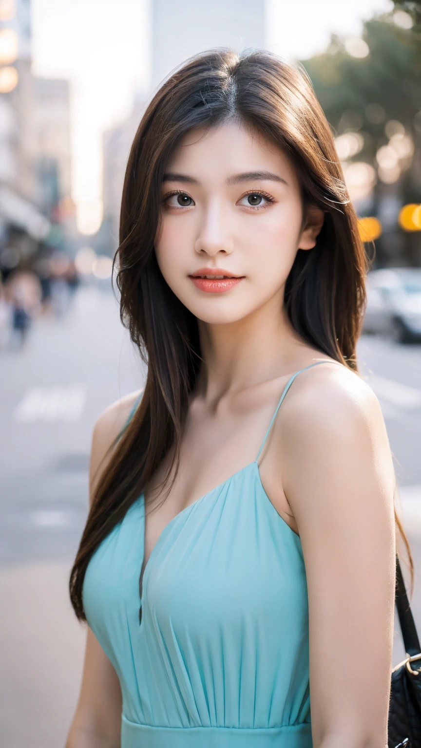 ((Best quality, 8K, masterpiece:1.3))，1girl，18 years old，Asian，Real texture:1.3，(Background blur:1.1)，Dress Up，Tall and slender figure:1.2，(Hot summer weather)，（street:1.3），Highly detailed face and skin textures，Exquisite eyes，Long eyelashes，Double eyelids，Skin Whitening，happy，Various postures，Big breasts