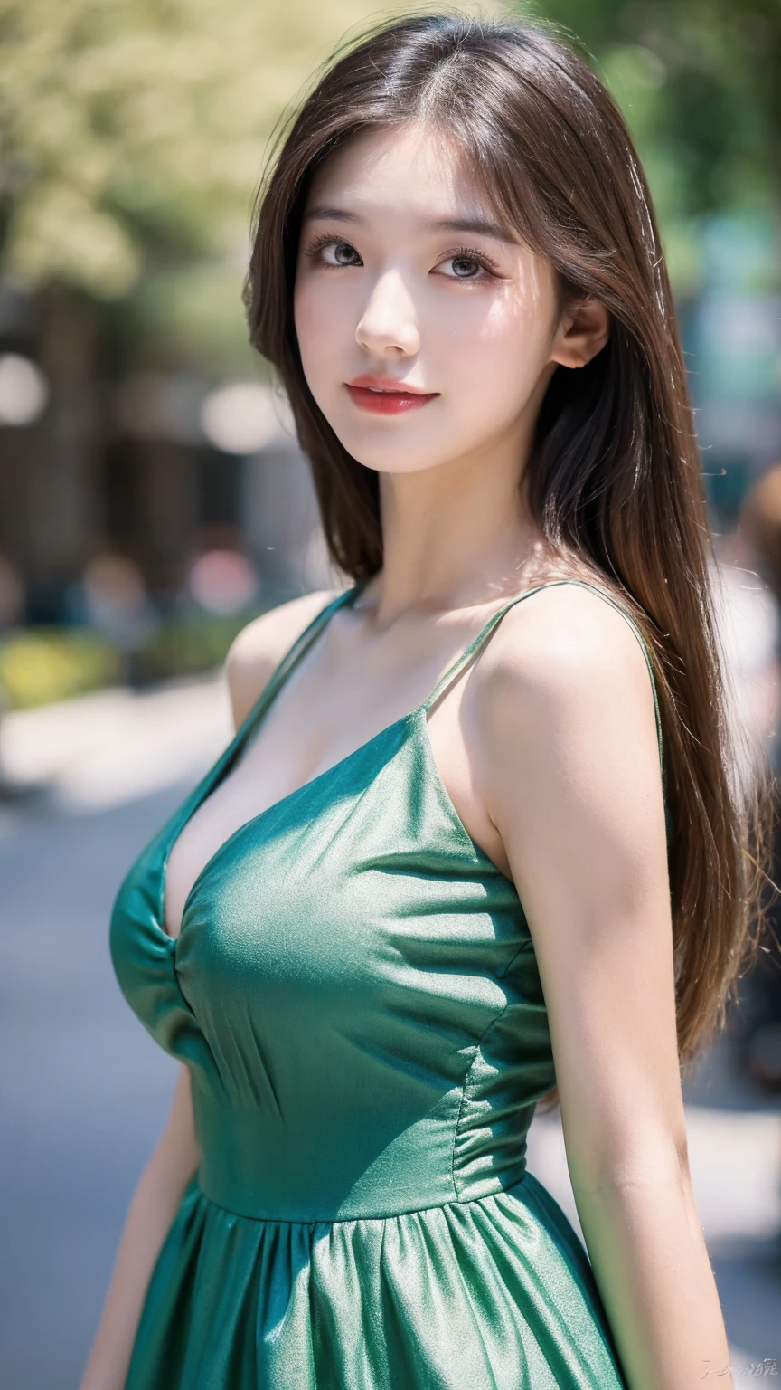 ((Best quality, 8K, masterpiece:1.3))，1girl，18 years old，Asian，Real texture:1.3，(Background blur:1.1)，Gorgeous long dress，Tall and slender figure:1.2，(Hot summer weather)，（street:1.3），Highly detailed face and skin textures，Exquisite eyes，Long eyelashes，Double eyelids，Skin Whitening，happy，Various postures，Big breasts