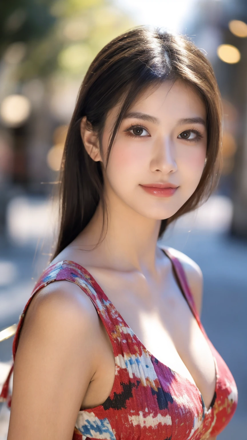 ((Best quality, 8K, masterpiece:1.3)),1girl,18 years old,Asian,Real texture:1.3,(Background blur:1.1),Gorgeous long dress,Tall and slender figure:1.2,(Hot summer weather),(street:1.3),Highly detailed face and skin textures,Exquisite eyes,Long eyelashes,Double eyelids,Skin Whitening,happy,Various postures,Big breasts