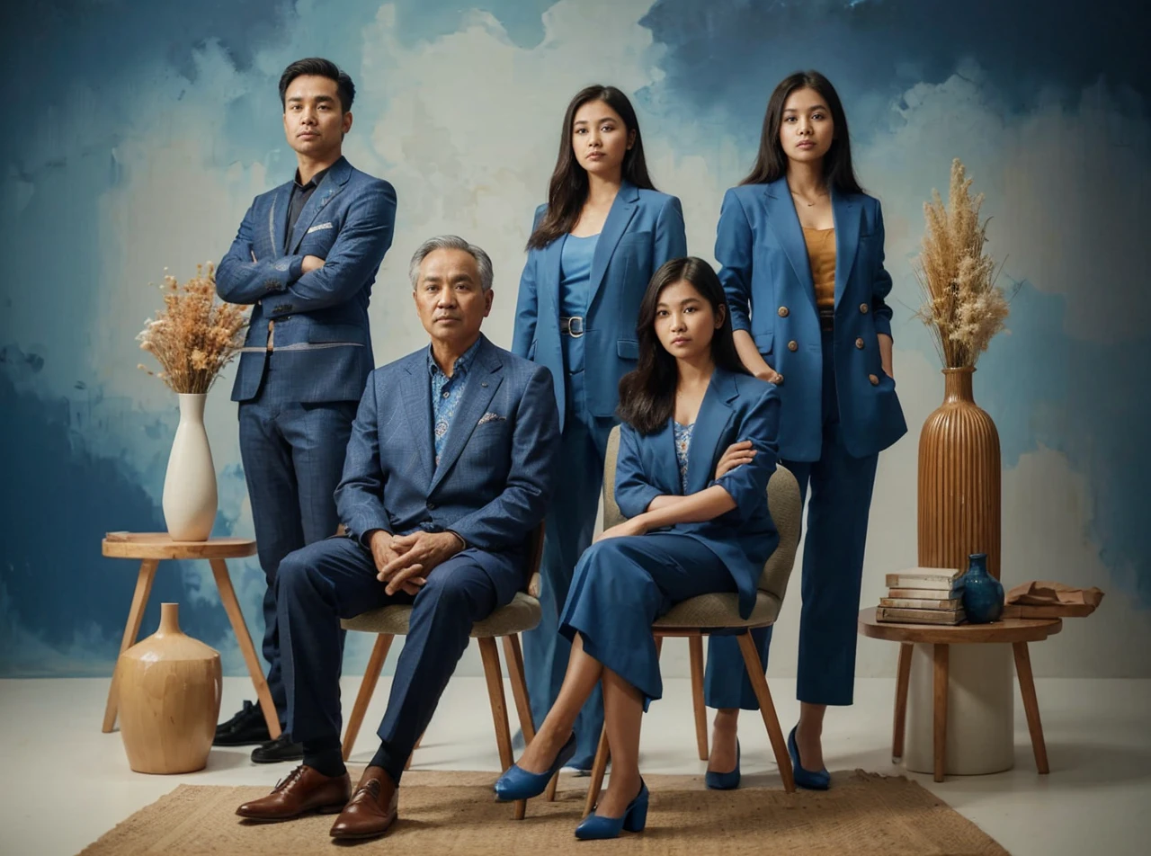 A studio photograph of an Indonesian family consisting of 5 members, 1 father and 1 mother aged 50 sitting in chairs, standing behind are 3 people, two 28-year-old women with straight hair, a 25-year-old man with crew-cut hair, all wearing blue suits and formal attire, background in the studio with blue abstract patterned walls, dried flower vase, ultra HD, 32k. 