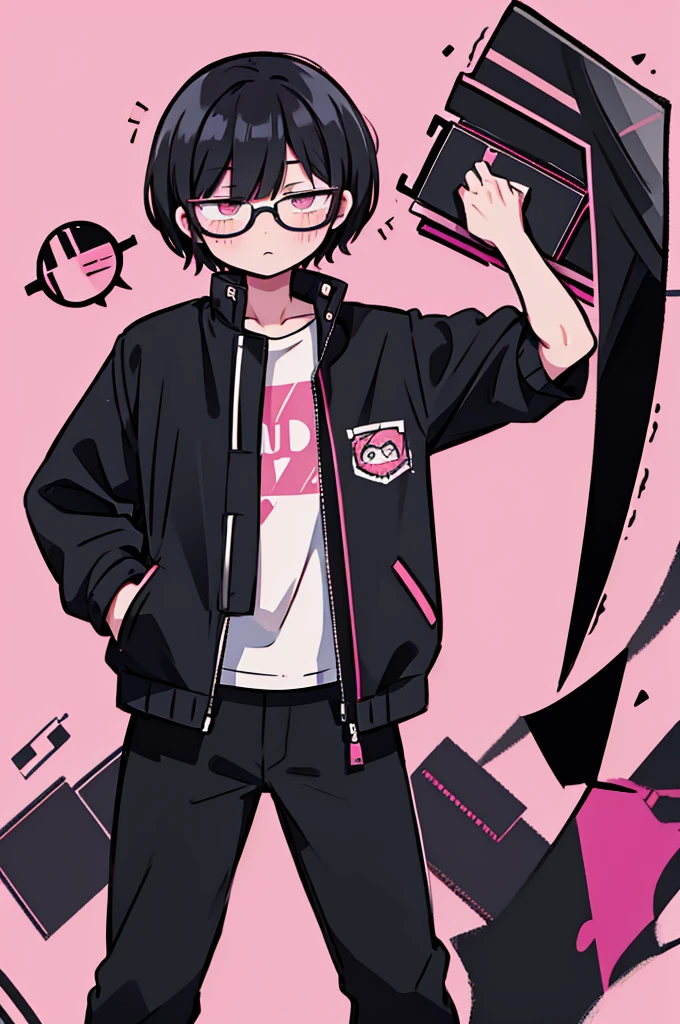black pants, Sharp image, man, Black hair with pink ends, wearing a pink jacket. , has a dull, bored face, wears round glasses, has short, neat hair,