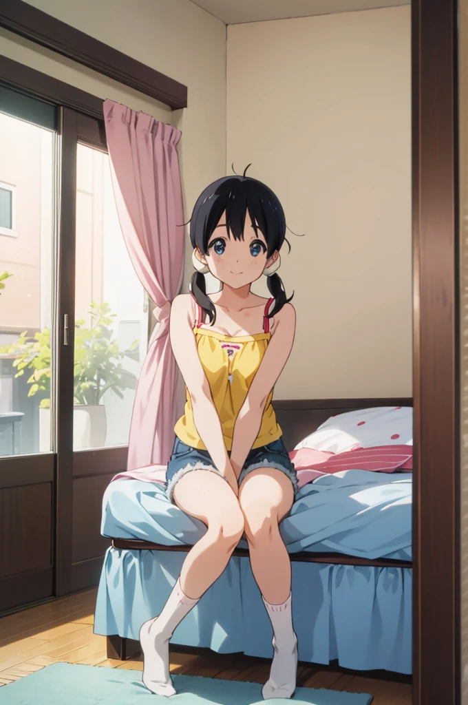  solo, 1girl, tamako kitashirakawa, , looking at viewer, smile, ,,my room,camisole,denim shorts