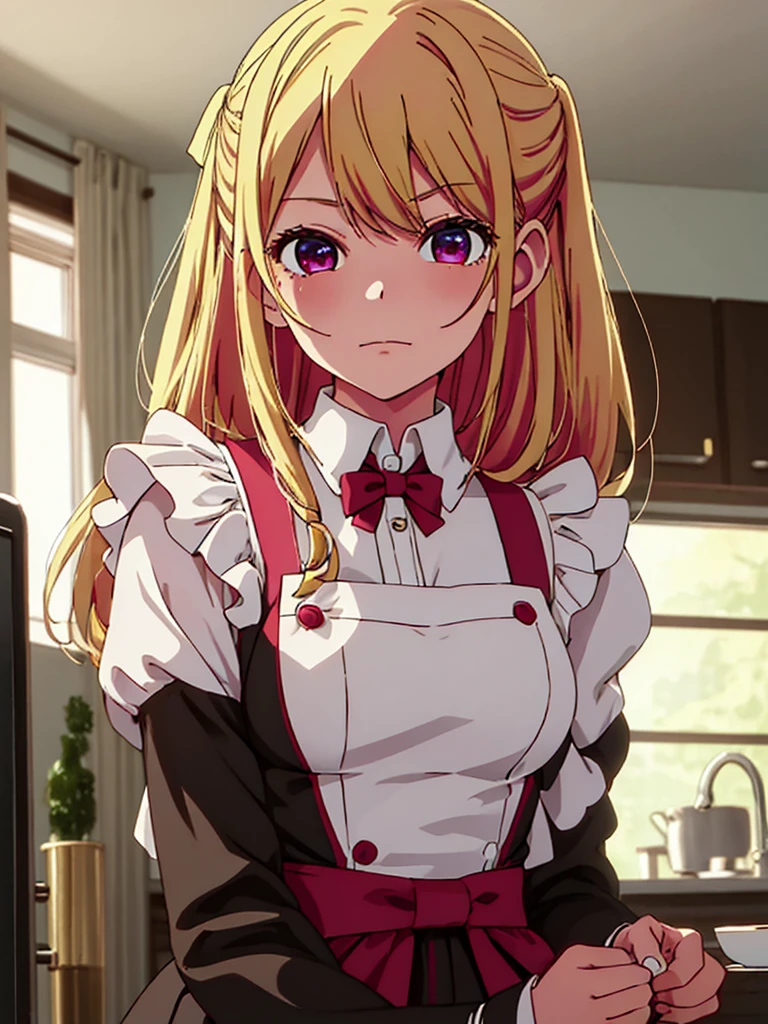 Ruby Hoshino , 1girl, wearing a maid outfit, at a home, blonde hair, ruby Hoshino's amazing eyes, 8k, high detailed, high quality
