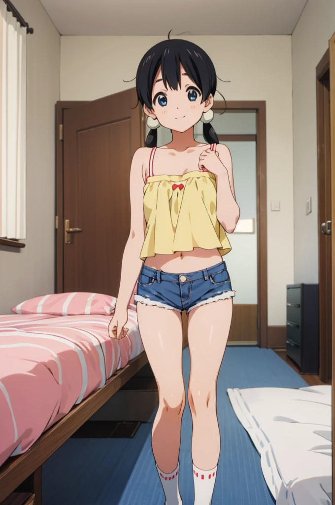  solo, 1girl, tamako kitashirakawa, , looking at viewer, smile, ,,my room,socks,camisole,denim shorts,navel