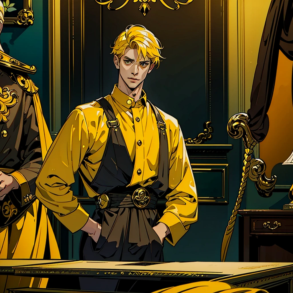 1boy, 1person, alone, 25 years old man, yellow hair, golden eyes, insister sur les reflets des yeux dorés, cheveux blonds, boss, formal business outfit, yellow outfit, yellow clothes, black suspenders, arrogant look, Jen Zee style, bureaucratic themed, modern look, work fashion, workaholic bureau clothes, classy shirt, chemise jaune, bretelles noires, bureau, desk, work furniture, yellow themed image, yellow furniture, mustard touches of olor, mustard colored walls, kim goo character, kim goo inspiration, kim goo lookism, kim goo manager kim, looking at viewer, flower of the cult vagabondart1 style, vagabondart1 instagram, khoffi art style, khoffi style, khoffi instagram, ゆりぼう style, Imari Ozaki style, eve insomnia style, yasutatsu style, ewkkyorhrart, Dino (@Dino_illus) style