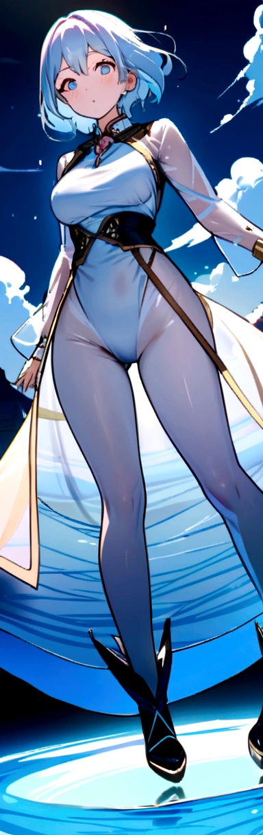 masterpiece, Highest quality, ultra-detaileded, One girl, beautiful detaileded eyes, chest, Hourglass Shape, detaileded wet clothes, Blank face, floating, beautiful detaileded sky, on beautiful detaileded water, Dynamic Angle, Exposure, figure, addition_detailed:1, addition_detailed:0, addition_detailed:0.5, Mature Woman