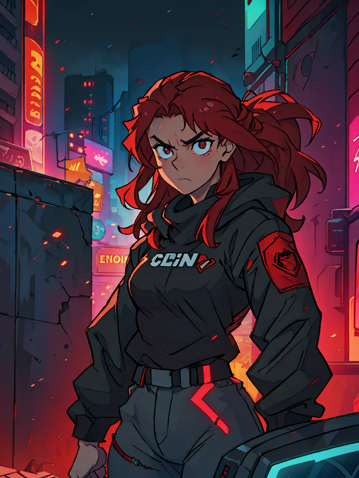 A cinematographic scene of a serious badass long red hair girl with black techwear clothes, Neon lights and buildings background