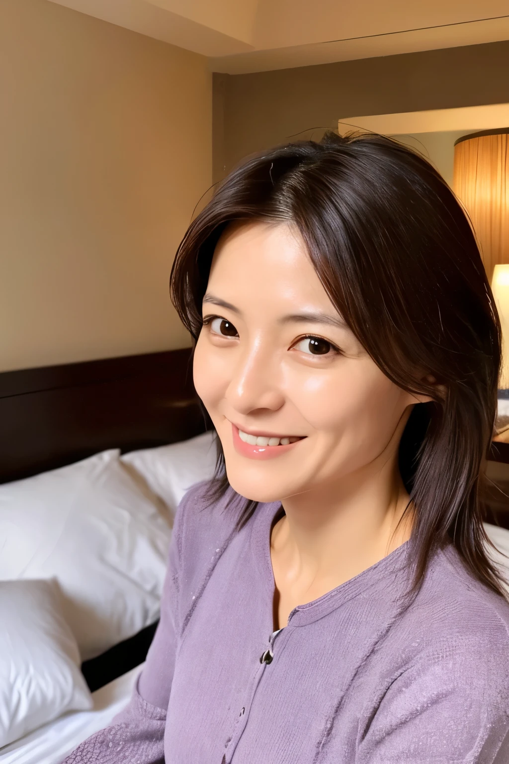 masterpiece, Best quality, Skinny Japanese woman, 40 years old, sexy nightwear, on the bed in a hotel room, correct body structure, slight smile, perfect face, detailed face, detailed eyes