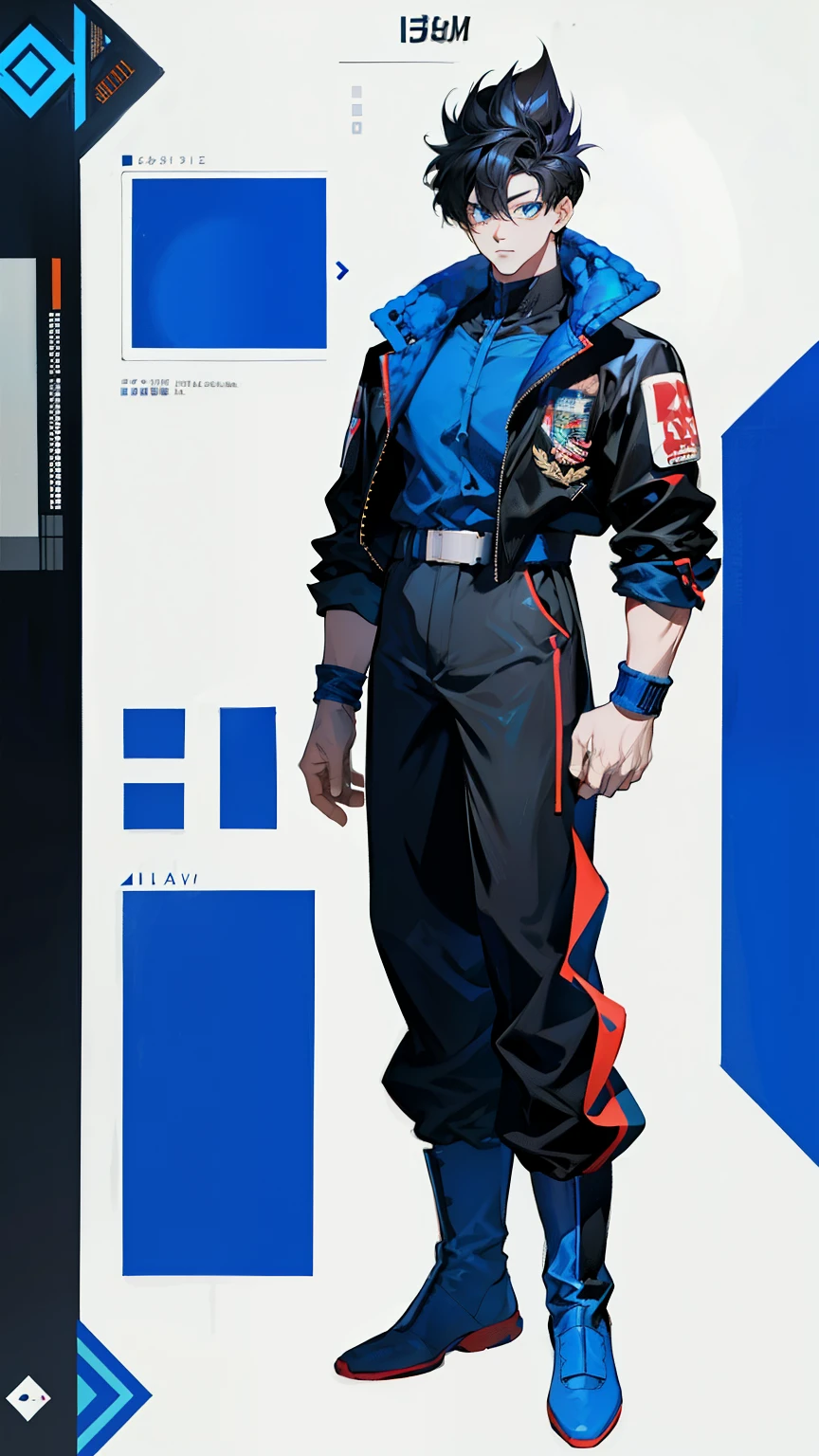 Multi view, front view, front view, side view, rear view, concept art, 1boy, male focus, solo, black hair, kim dokja look, orv character, full body, white background, two block hair, boots, exercise suit, standing, simple background, wristband, hands clenched, arms sides, super saiyan 1, belt, blue footwear