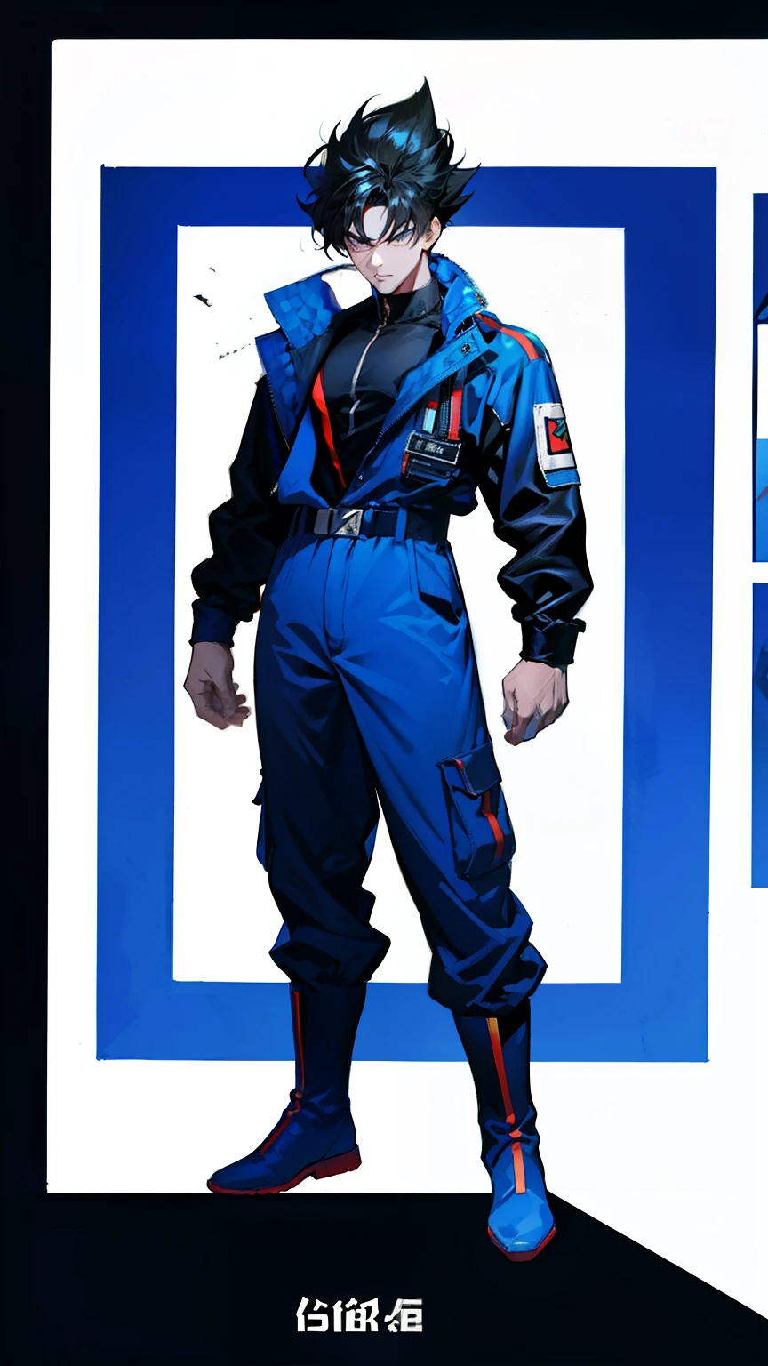 Multi view, front view, front view, side view, rear view, concept art, 1boy, male focus, solo, black hair, kim dokja look, orv character, full body, white background, two block hair, boots, exercise suit, standing, simple background, wristband, hands clenched, arms sides, super saiyan 1, belt, blue footwear