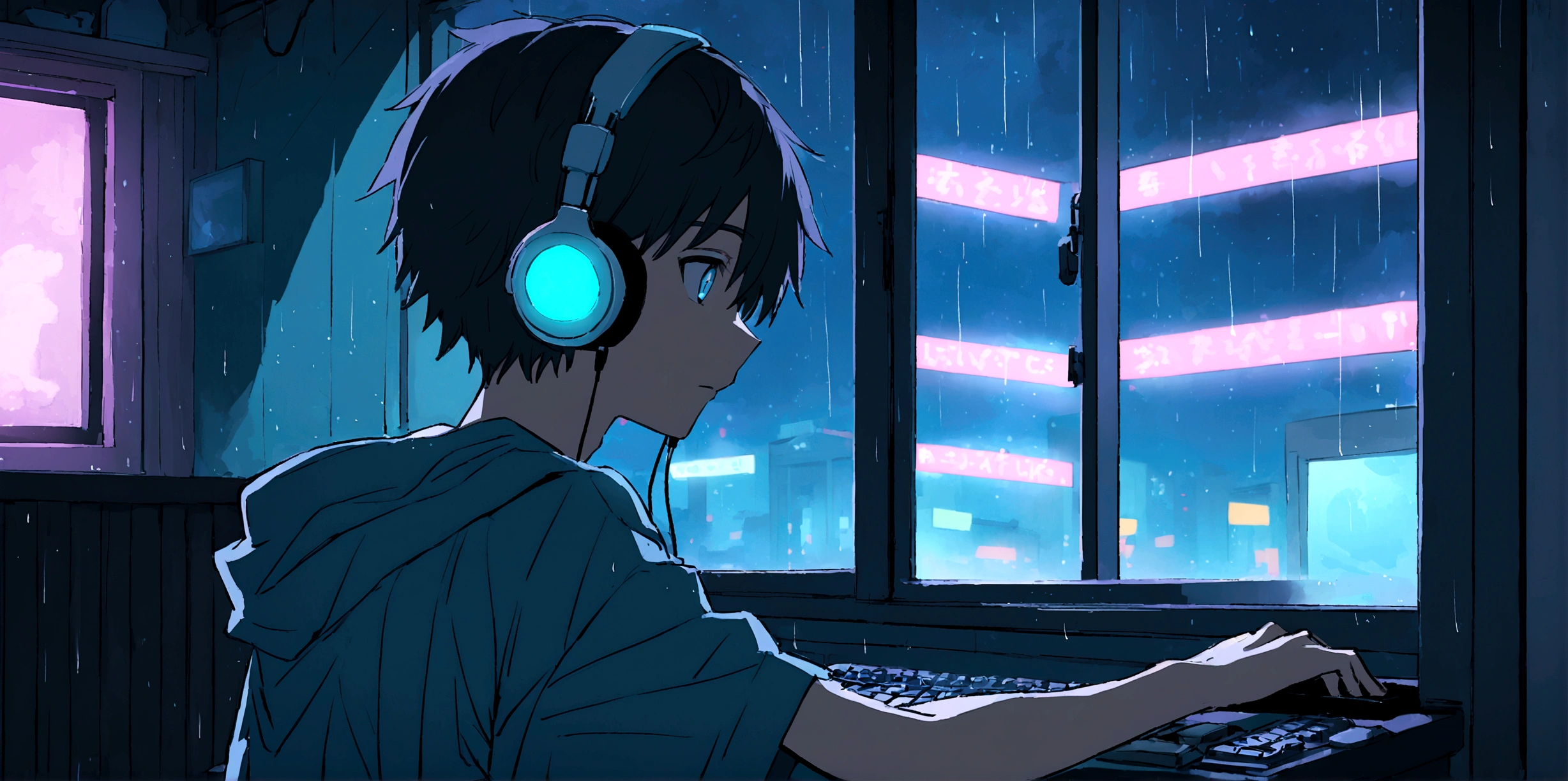 An ************ gamer anime boy, looking at computer, so many neon lights, night, rain outside, cozy room, closed window, boy and computer is close to window, boy wears gamer headphone, boy is at left, high quality face and eyes