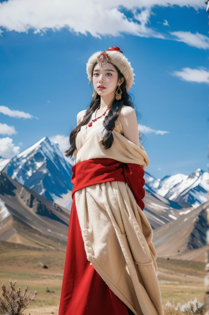 (masterpiece, best quality:1.2),red Tibetan clothing,1 Tibetan girl, blue sky, cloud, cloudy sky, day, earrings,Plush hat, horizon,Tibetan Earrings,jewelry,necklace, lips,snow mountain, outdoors, parted lips, red lips, solo,flat chest,(upper body:1.2),standing,(arms behind back:1.2)