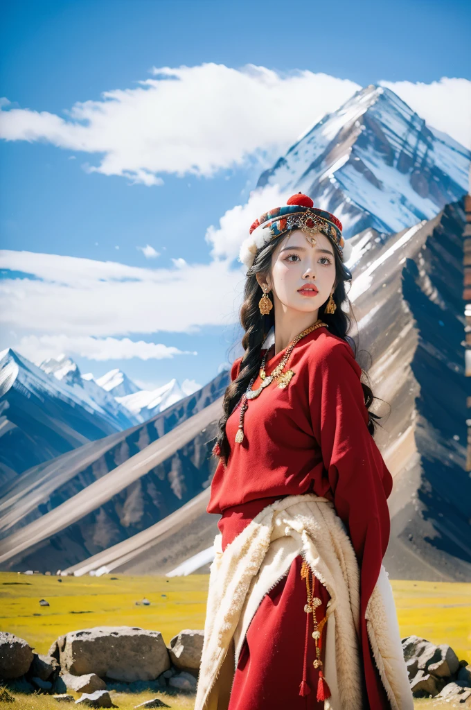 (masterpiece, best quality:1.2),red Tibetan clothing,1 Tibetan girl, blue sky, cloud, cloudy sky, day, earrings,Plush hat, horizon,Tibetan Earrings,jewelry,necklace, lips,snow mountain, outdoors, parted lips, red lips, solo,flat chest,(upper body:1.2),standing,(arms behind back:1.2)