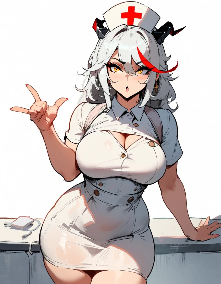 1girl, aegir \(azur lane\), azur lane \\\\\ masterpiece, best quality, very aesthetic, absurdres, newest \\\\\\ sportive body, \\\\\\ by nyantcha,,by cutesexyrobutts,by khyle ///// white hair with a single prominent red streak, black horns, yellow eyes, , white (nurse outfit:1.2), skirt, , white pencil skirt, nurse cap, , , a red cross on the cap, standing, (white background:1.2)