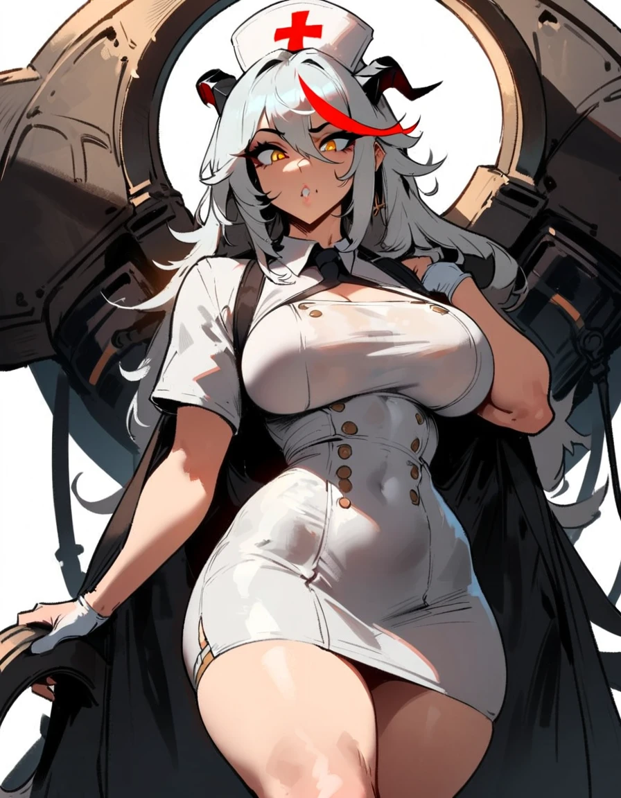 1girl, aegir \(azur lane\), azur lane \\\\\ masterpiece, best quality, very aesthetic, absurdres, newest \\\\\\ sportive body,  \\\\\\ by nyantcha,,by cutesexyrobutts,by khyle ///// white hair with a single prominent red streak, black horns, yellow eyes,  , white (nurse outfit:1.2), skirt, , white pencil skirt, nurse cap, , , a red cross on the cap, standing, (white background:1.2)