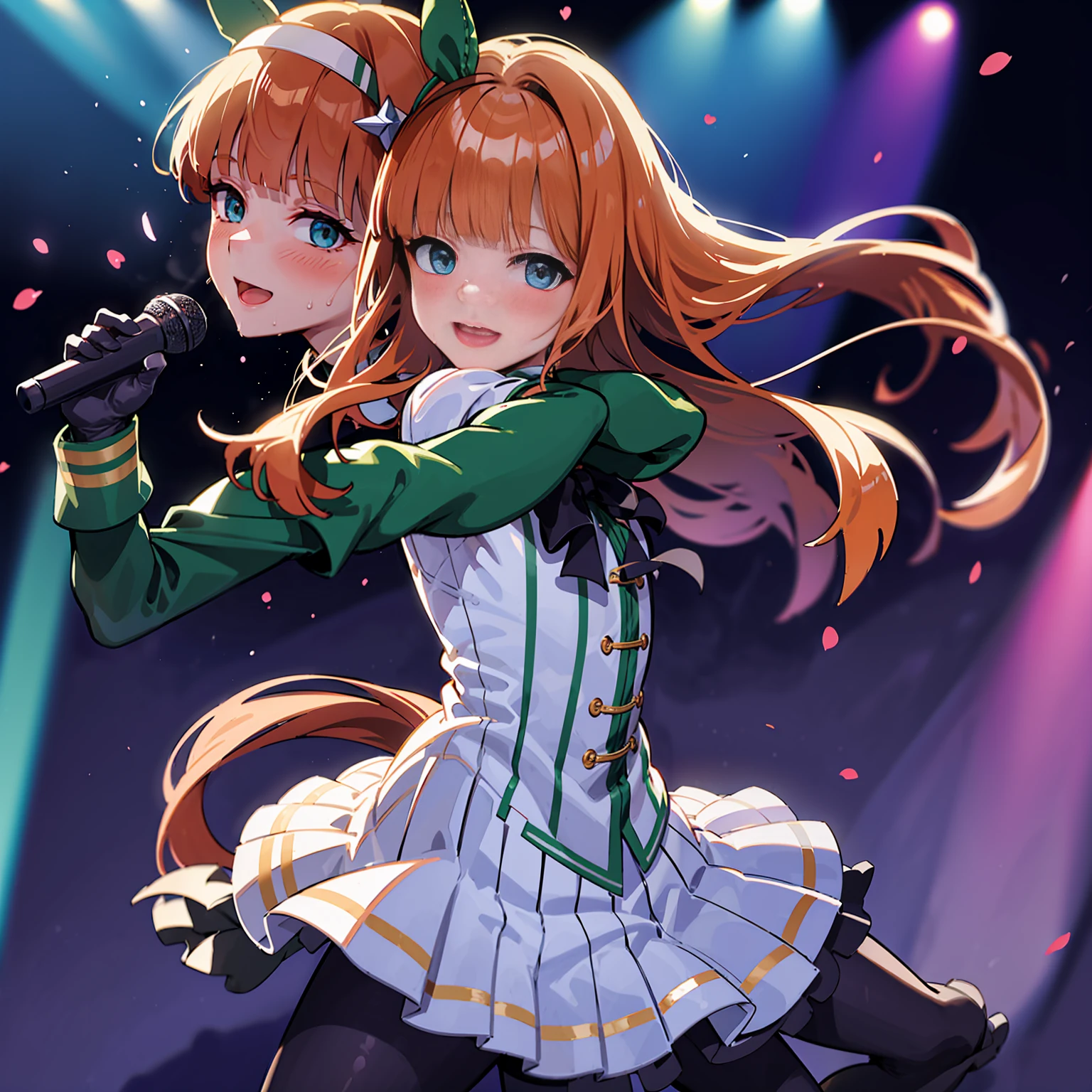 Holding a microphone in one hand、Big Jump、singing、A big smile、shout、intense dance、dance、足を上げてdance、Best image quality、High resolution、masterpiece、super high quality、Live Performance Venues、Large crowd、Many penlights、Sweaty、Very short pleated skirt、Heavy breathing、Blushing、4K quality、Black Pantyhose、Voluptuous thighs