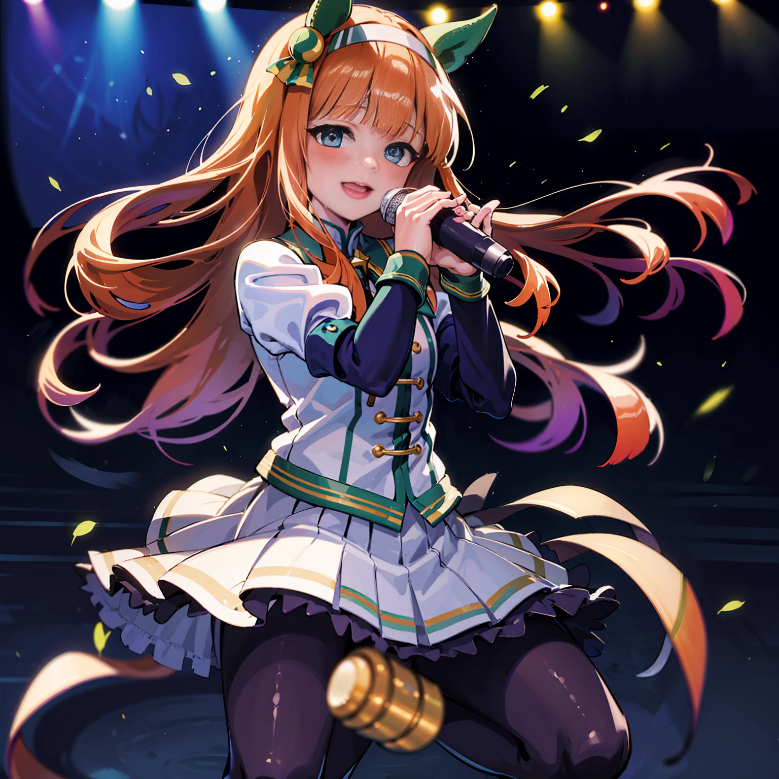 Holding a microphone in one hand、Big Jump、singing、A big smile、shout、intense dance、dance、足を上げてdance、Best image quality、High resolution、masterpiece、super high quality、Live Performance Venues、Large crowd、Many penlights、Sweaty、Very short pleated skirt、Heavy breathing、Blushing、4K quality、Black Pantyhose、Voluptuous thighs