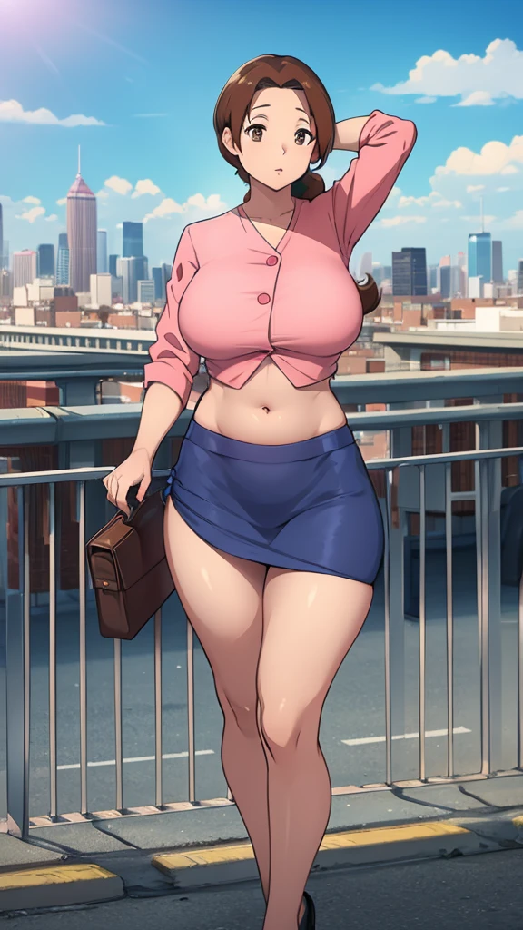 A girl with light skin, sexy, cute, leaders, long brown hair, her brown eye, wears a pink button-down blouse, shows her navel, and a short blue skirt, black shoe, and she travels, flying, sky, city background.