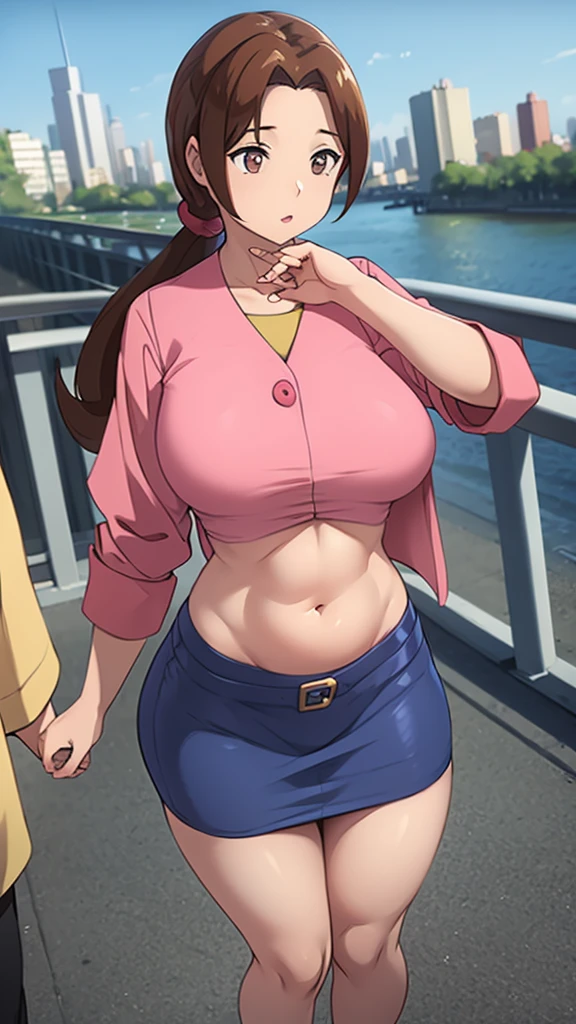 A girl with light skin, sexy, cute, leaders, long brown hair, her brown eye, wears a pink button-down blouse, shows her navel, and a short blue skirt, black shoe, and she travels, flying, sky, city background.