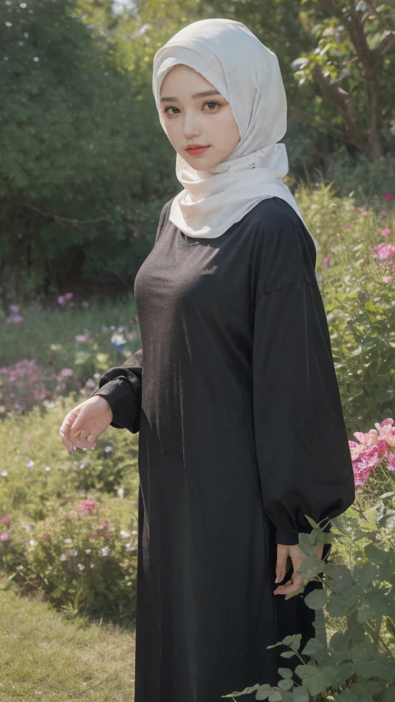 Create a portrait of a Malaysian Muslimah woman with a gothic style and a smile, standing and pose gracefully in a serene field of tall, golden grasses during the soft, warm light of sunset. She is wearing a black hijab covered top body, paired with a flowing loose black outfit adorned with delicate lace detailing. A light-colored shawl with intricate black floral patterns drapes over her shoulders, adding a touch of elegance. The woman has a confident and calm expression, her face softly illuminated by the golden light, highlighting her natural beauty. The background consists of blurred greenery, contributing to the peaceful and natural atmosphere of the scene