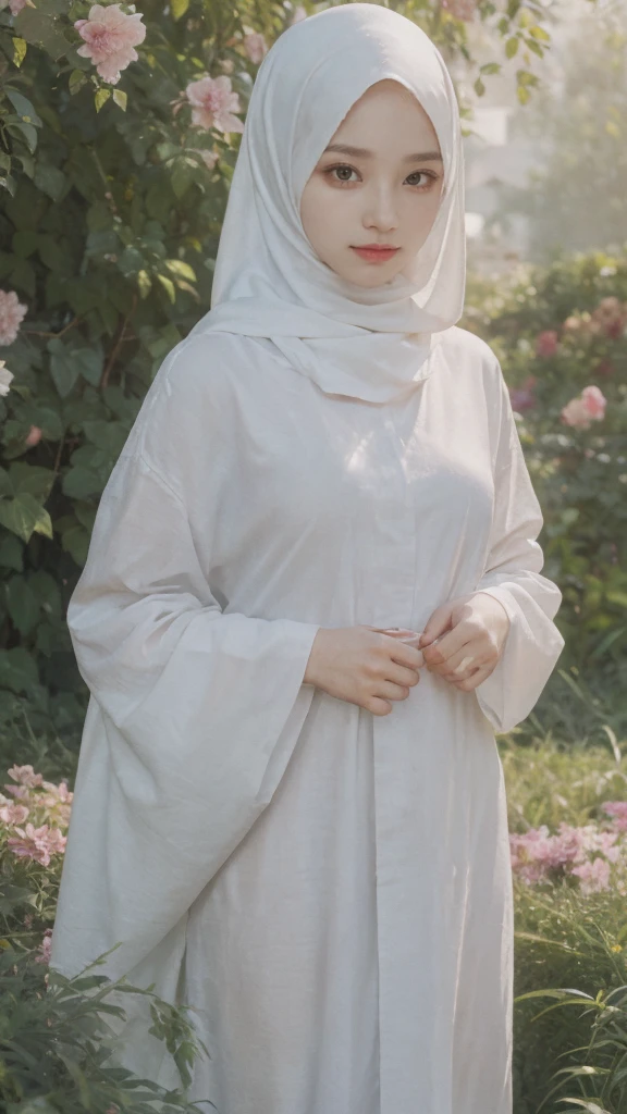 (realistic photos of Hijab Korean female, slightly smile,expressive eyes,eye makeup,flower garden background,standing posture,confident attitude,Eye-Level Shot, slightly blurry background,UHD,masterpiece:1.2,highres,16k), abaya