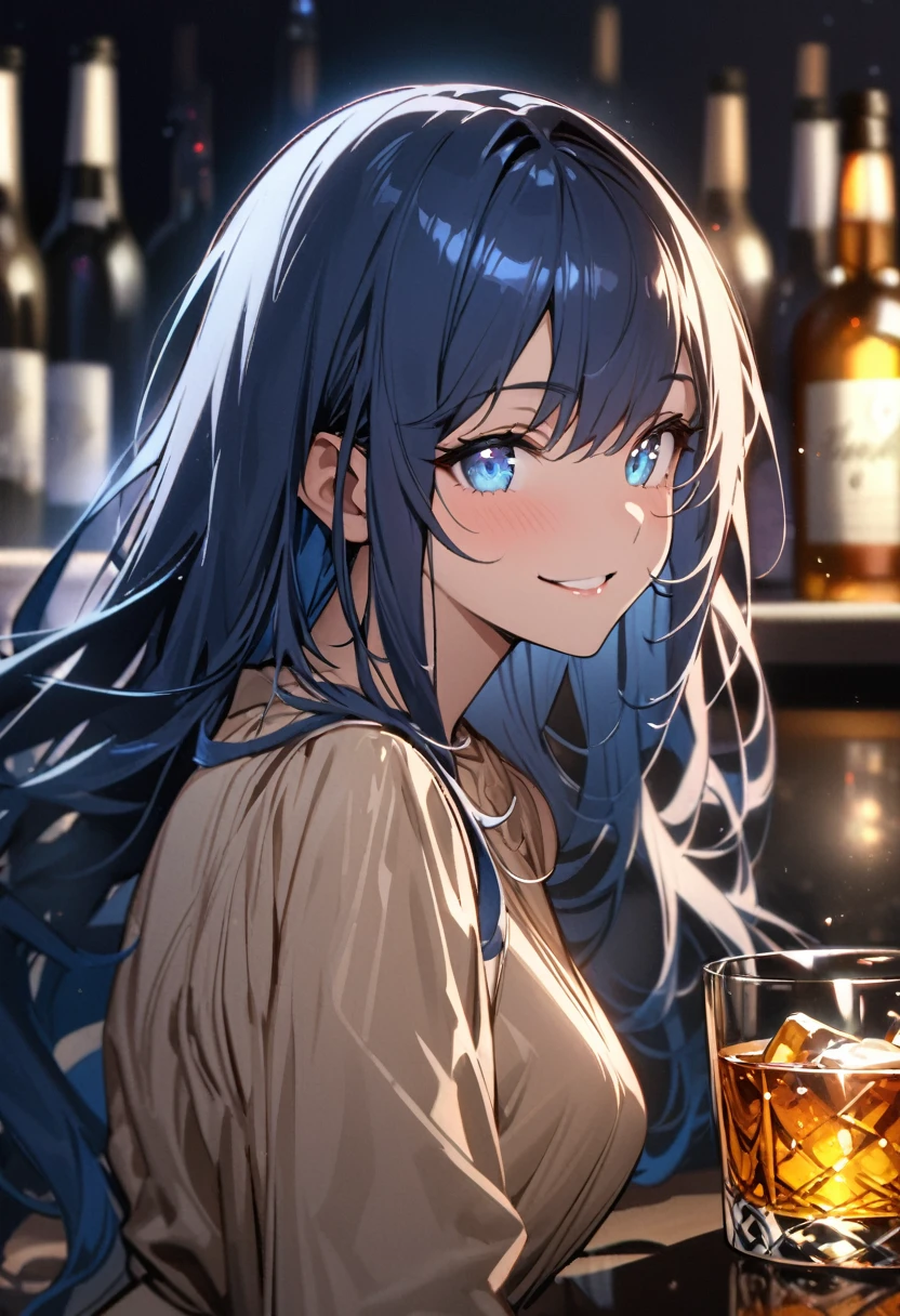 (masterpiece), (best quality), (sharp focus), (depth of field), (female): solo, (perfect face), (detailed outfit), (little girl),(smile), beautiful female,blue eyes, whole body,blue hair, long hair,(((((background of night view))))),  wine, whisky, highball, (((((blue sleeveless dress))))),(shiny luminous, effects:1.2)