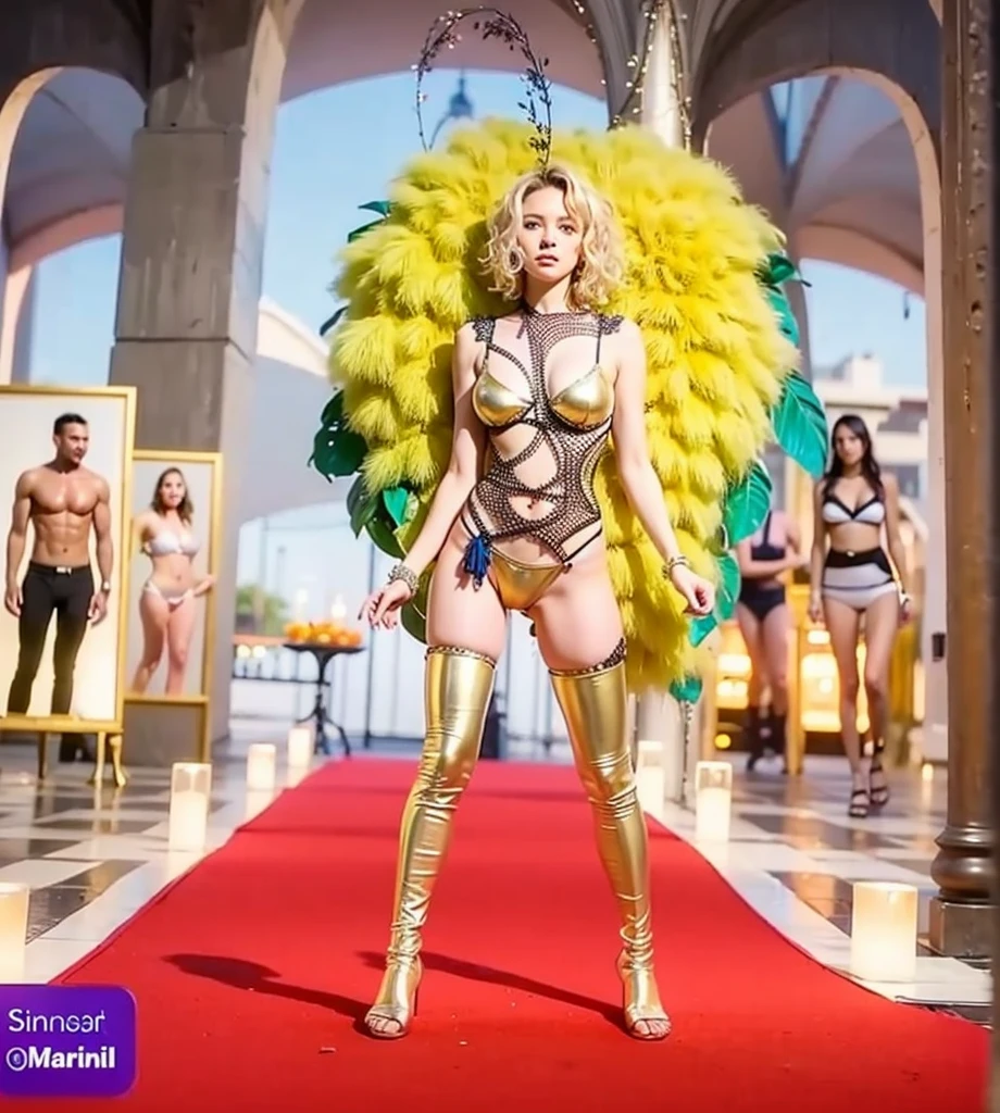 Cute 18 year old girl, Carnival Bikini Woman suit, short curly hair, blonde hair, beautiful face, rain, roof, masterpiece, exquisite details, perfect anatomy, fighting stance Realistic
