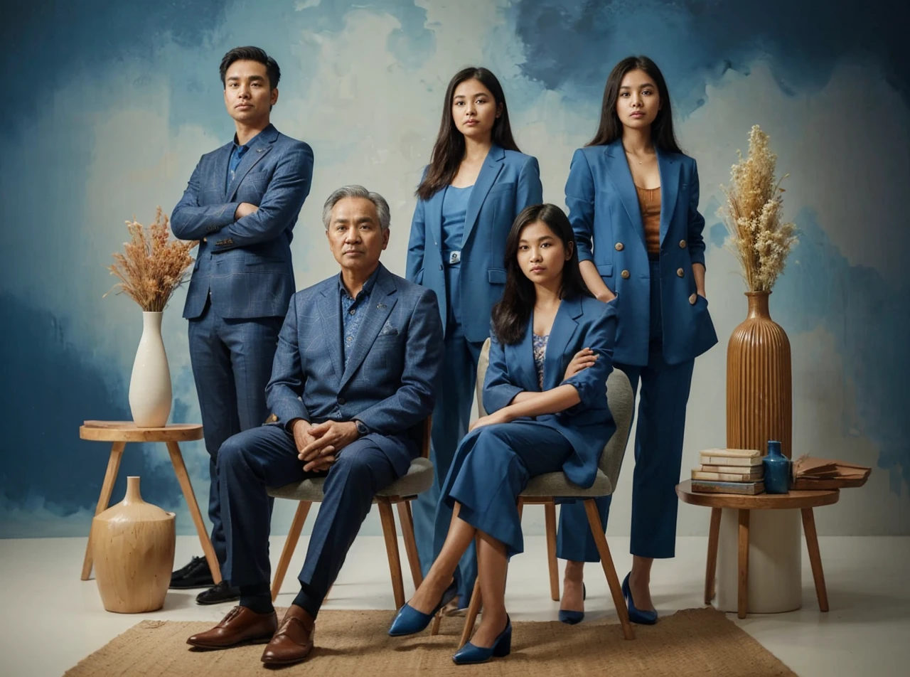 A studio photograph of an Indonesian family consisting of 5 members, 1 father and 1 mother aged 50 sitting in chairs, standing behind are 3 people, two 28-year-old women with straight hair, a 25-year-old man with crew-cut hair, all wearing blue suits and formal attire, background in the studio with blue abstract patterned walls, dried flower vase, ultra HD, 32k. 